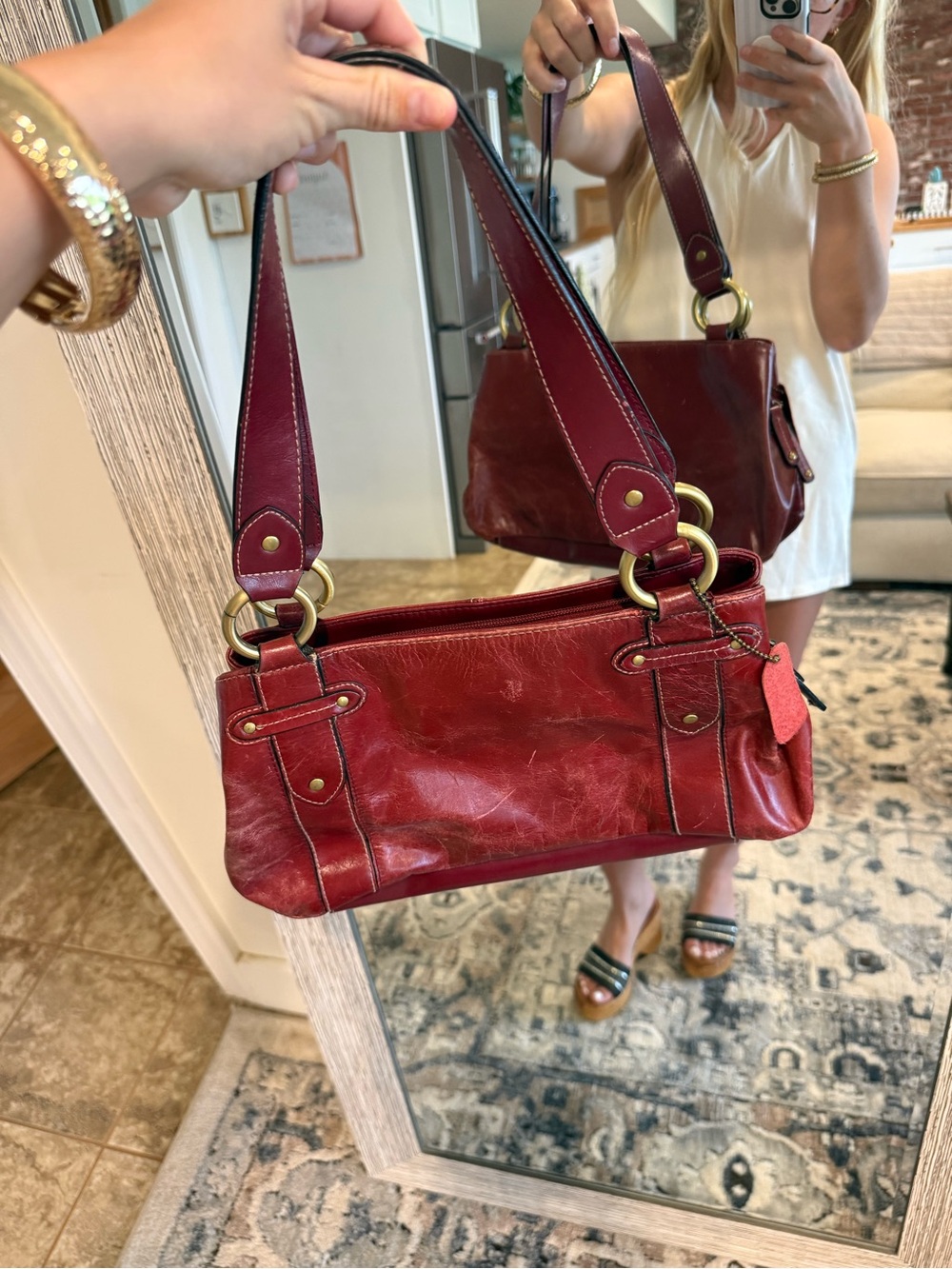 Worthington Burgundy Leather Shoulder Bag with Brass Rings